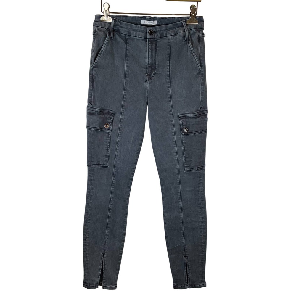 Good American Good Legs Cargo Jeans Split Hem Washed Black Size 8/29